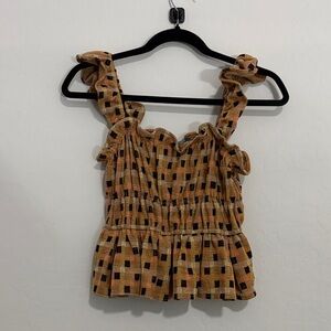 Eva Franco Mustard and Black Checked Smocked Ruffle Strap Top